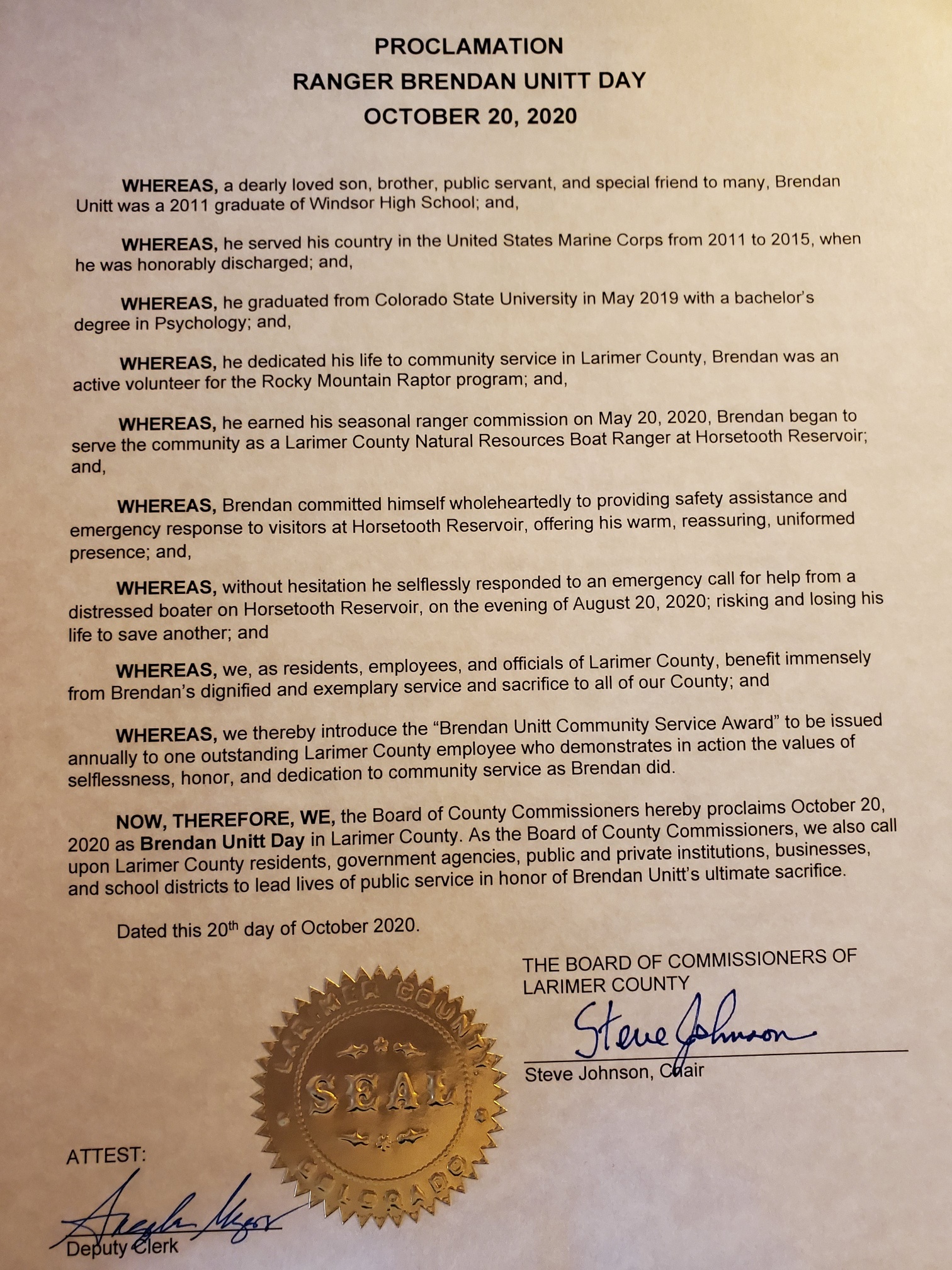 Image 1: Signed Proclamation issued October 20, 2020 as Brendan Unitt Day in Larimer County