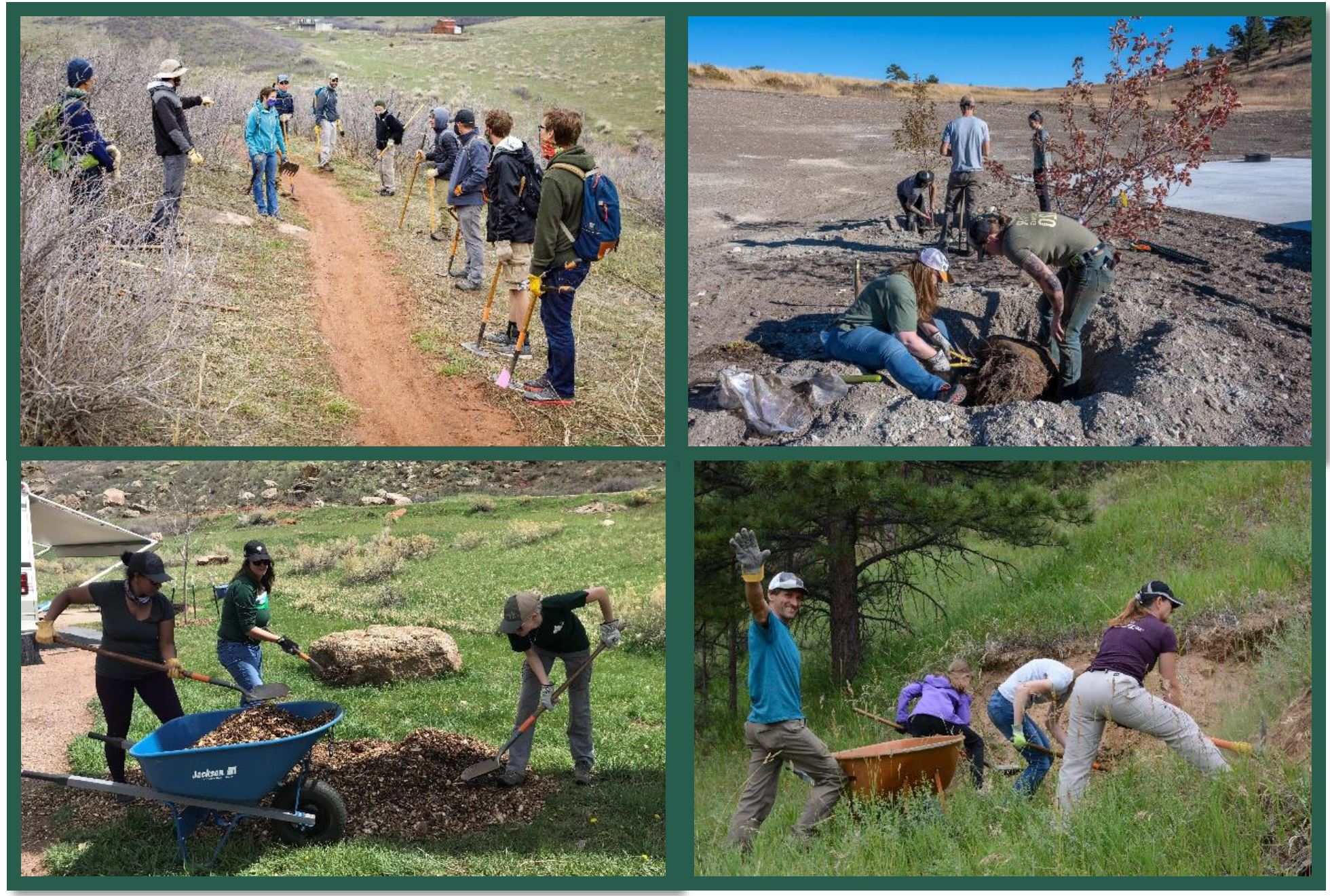 Four photos grouped together showing volunteers working on various projects. 