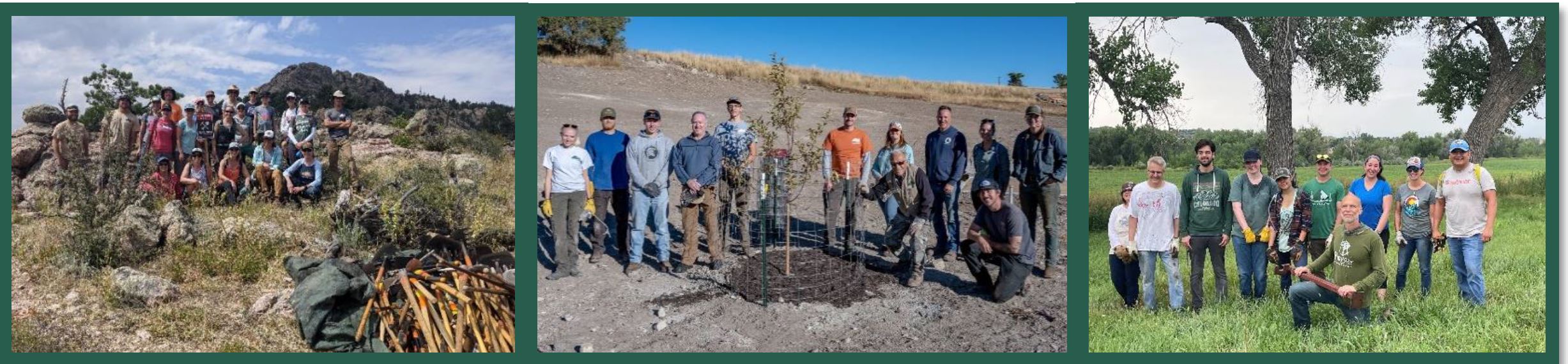 Three photos showing groups of volunteers after a project. 