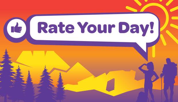 Rate Your Day illustration featuring popular Larimer County landmarks stylized in bold shapes and bright colors.