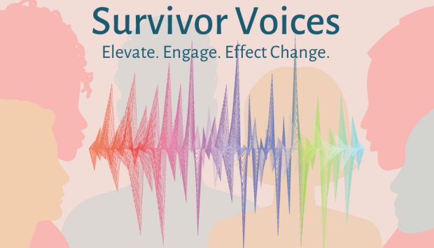 그들 사이에 음파가 있는 파스텔 색상의 사람들의 실루엣 그래픽. 텍스트 읽기: Survivor Voices: Elevate Engage. 효과 변경.