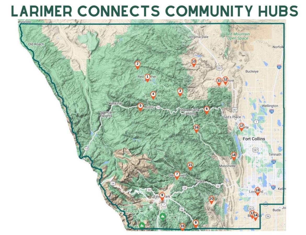Larimer County Map with the specific locations marked on the map. Location are marked with red circle with a number 1 through 21