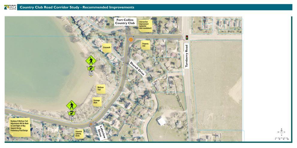 Open House Presentation Board: Map illustrating the recommended improvements from a break point east to Fort Collins Country Club access, then on to Turnberry Rd, showcasing the proposed changes and upgrades along this section of the roadway.