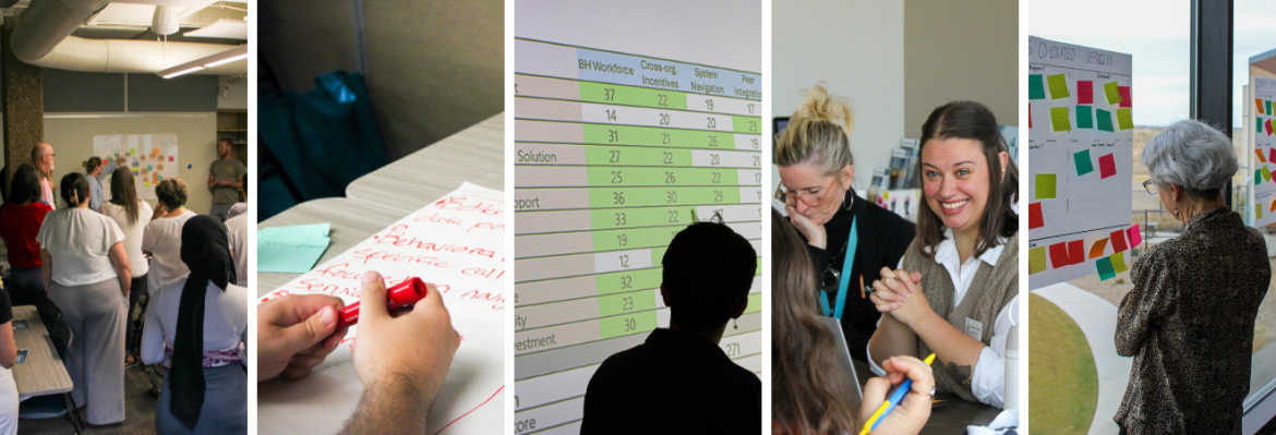 Five vertical photos show stages of Behavioral Health Services' multi-year funding framework development process