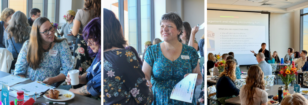 Collage of three photos of Impact Fund grantees at a networking event