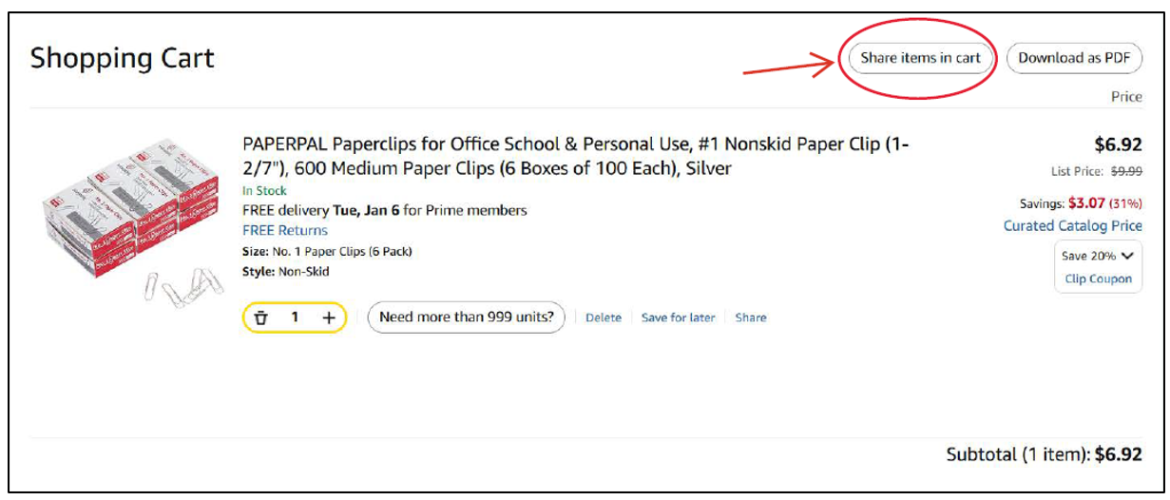 Share items in cart is circled in the top left corner of the shopping cart