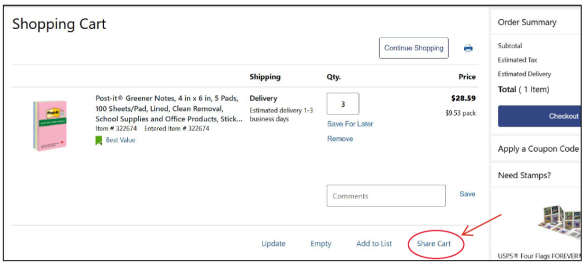 Arrow points to Share Cart in bottom right corner of shopping cart