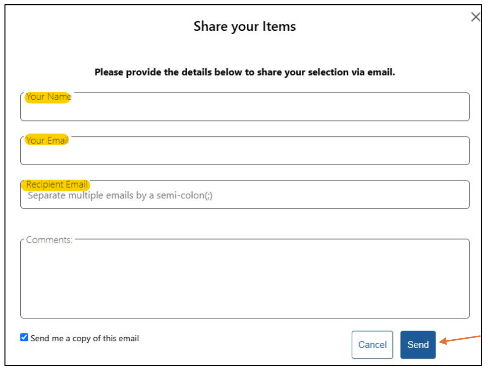 the following text is highlighted: Your name, Your email, Recipient email