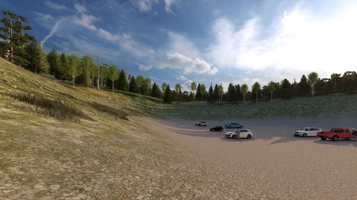 Rendering of reclaimed site with mountains, pine trees and parked cars
