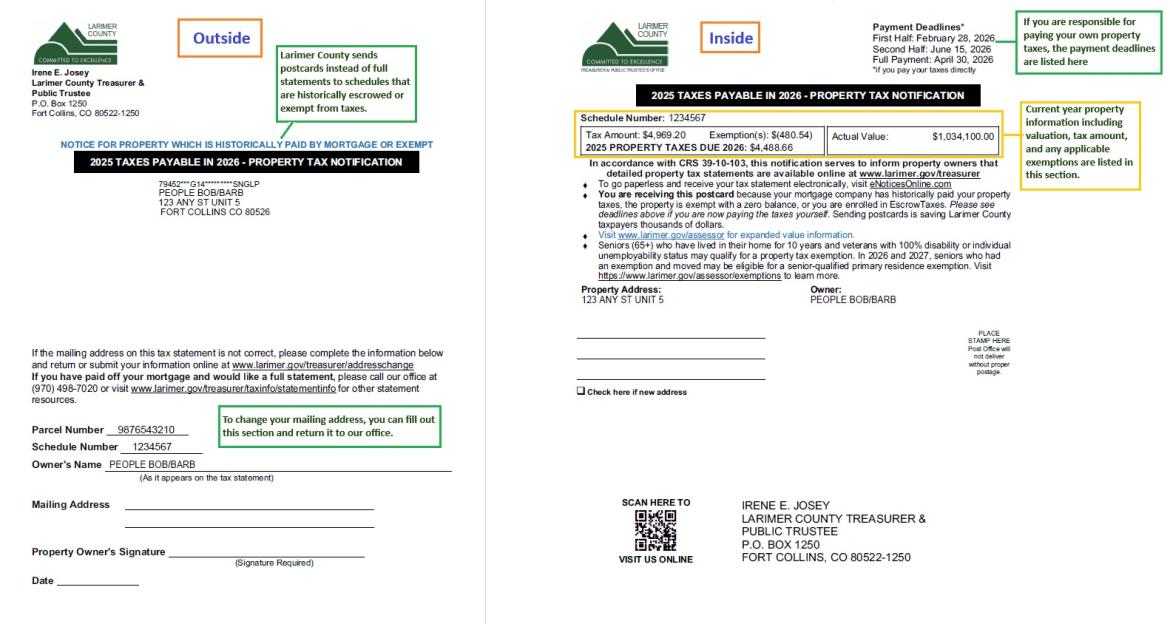 image of property tax postcard with description of its sections
