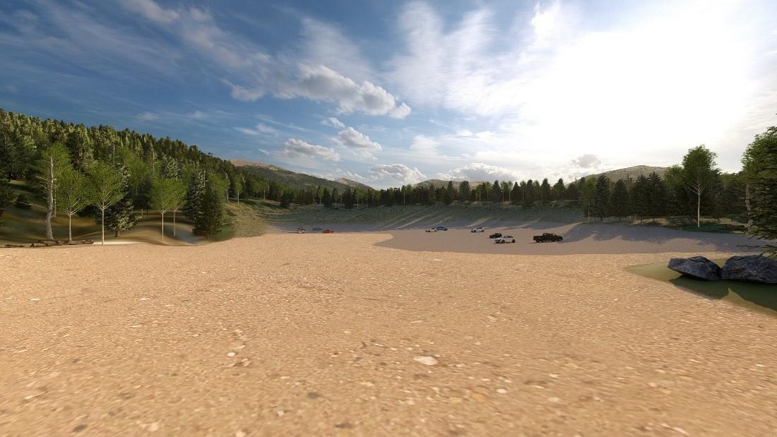 Rendering of reclaimed site with gravel floor, surrounded by mountains with pine trees and blue sky overhead
