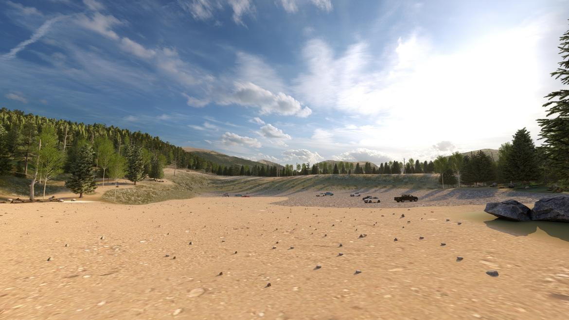 Rendering of reclaimed site with cars parked on gravel floor, surrounded by mountains with pine trees and blue sky overhead