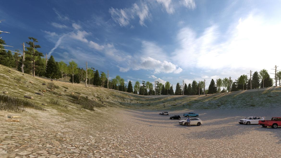 Rendering of reclaimed site with cars parked on gravel floor, surrounded by mountains with pine trees and blue sky overhead