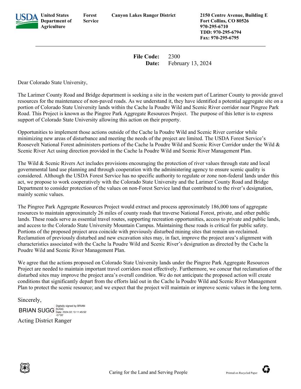 Letter of support for the Pingree Park Aggregate Resources Project from U.S. Forest Service Canyon Lakes Ranger District