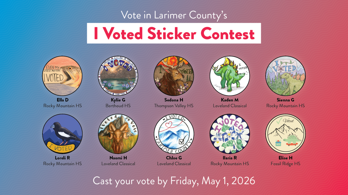 An image announcing the ten finalists for Larimer County's Sticker Contest. The image features ten small images of each finalist's sticker. The image says 'Vote in Larimer County's I Voted Sticker Contest / Cast your vote by Friday, May 1, 2026 at [larimer.gov/i-voted](http://larimer.gov/i-voted)'.