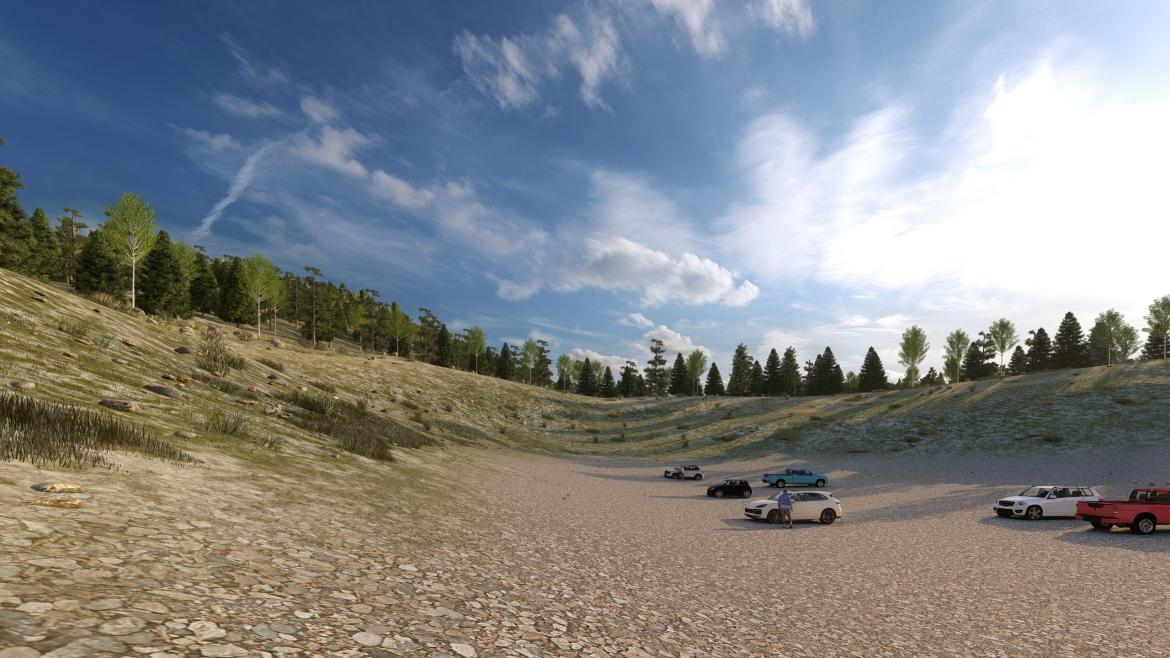 Rendering of reclaimed site with cars parked on gravel floor, surrounded by mountains with pine trees and blue sky overhead