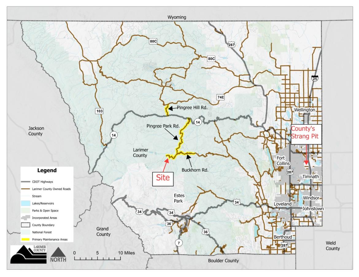 Map of Larimer County roads to be improved by gravel from CR 44H quarry.