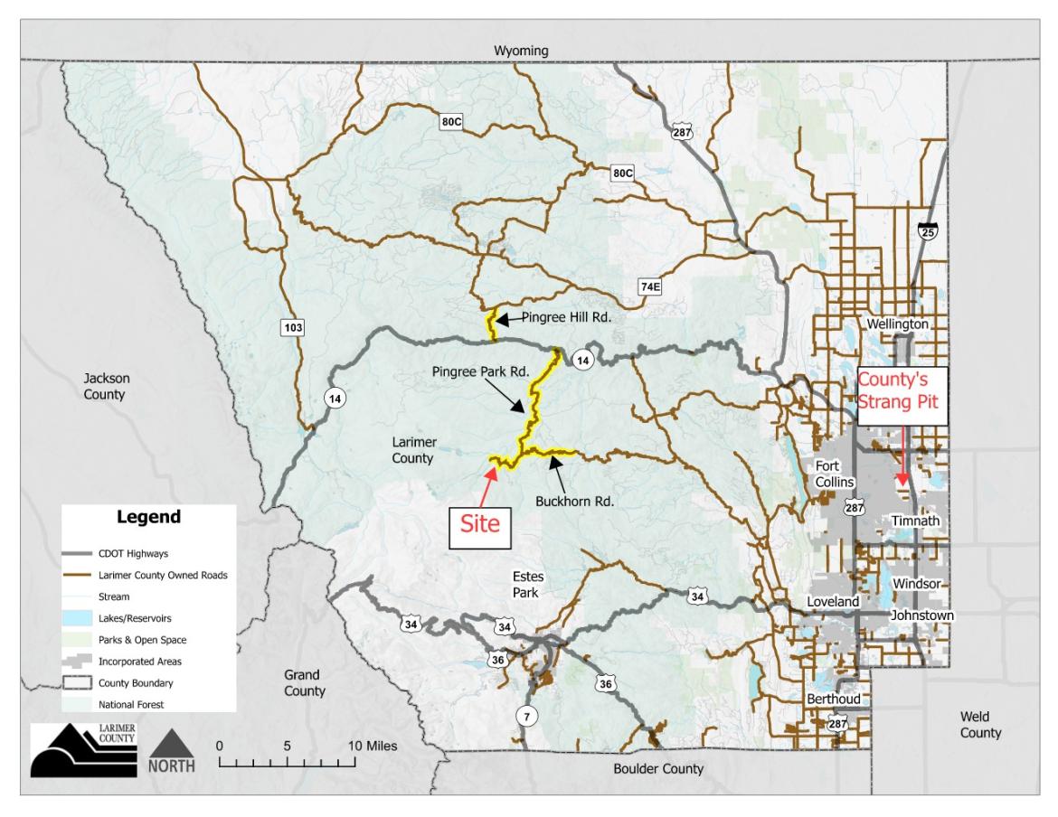 Map of Larimer County roads to be improved by gravel from CR 44H quarry.