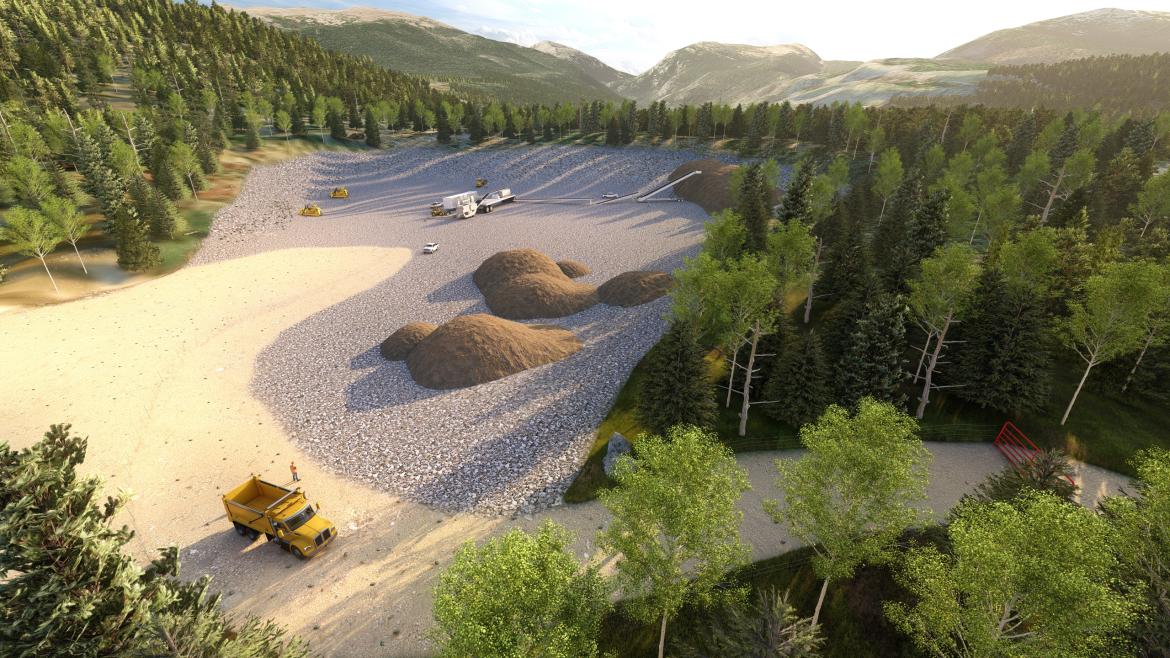 Rendering of operational gravel site with equipment and pine trees surrounding it.