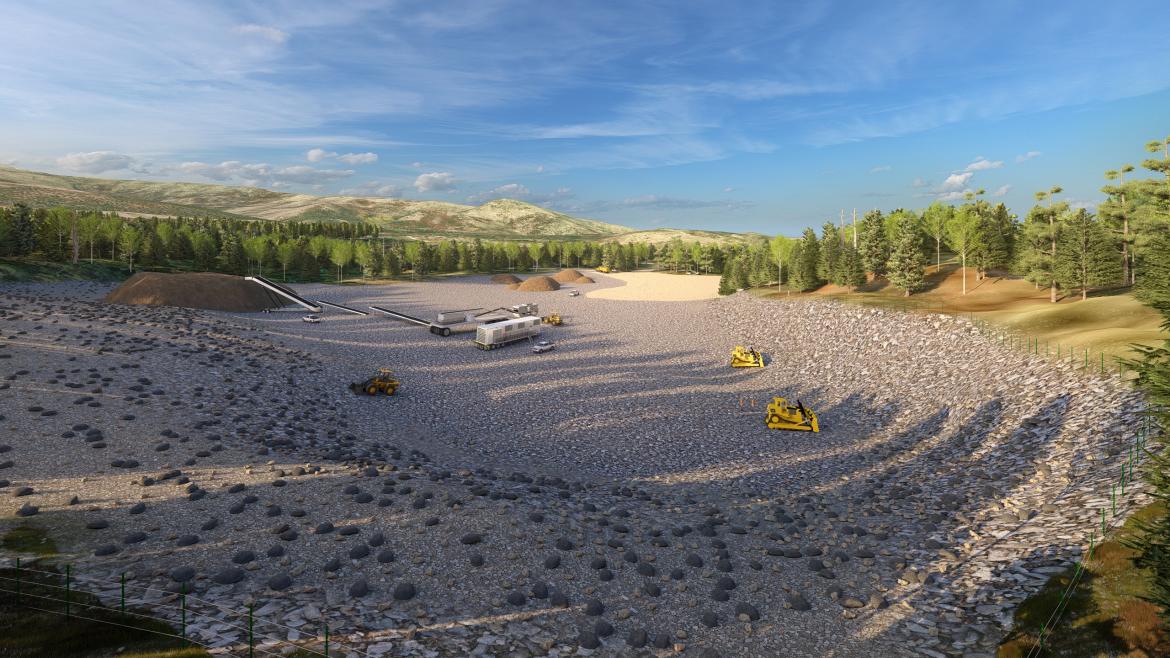 Rendering of active site with crusher and heavy equipment. Pine trees and mountains can be viewed in the distance with blue sky above.