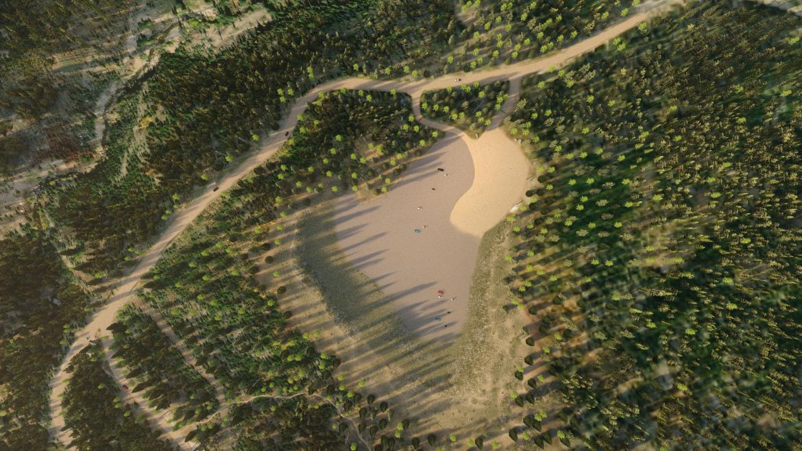 Rendering of aerial view of reclaimed conditions. Note that the quarry sidewalls will be contoured and revegetated, and the quarry floor will be reclaimed as a gravel surface for CSU Mountain Campus' future use.