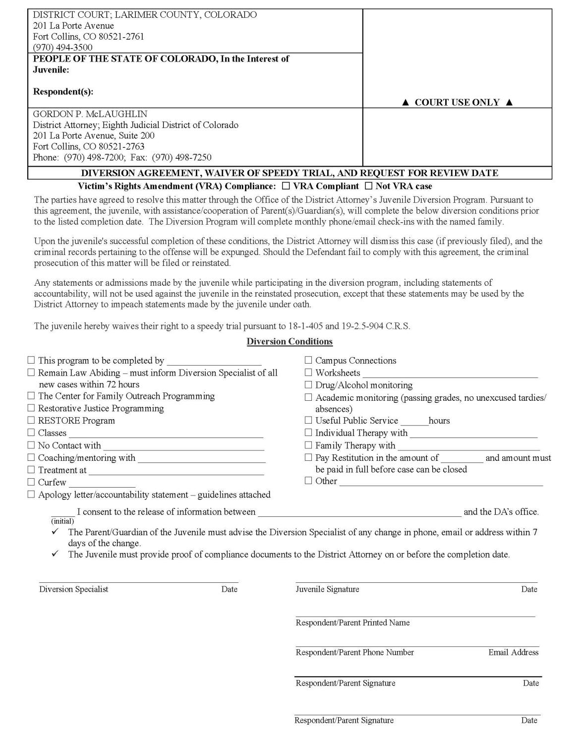 Juvenile Diversion Agreement Example