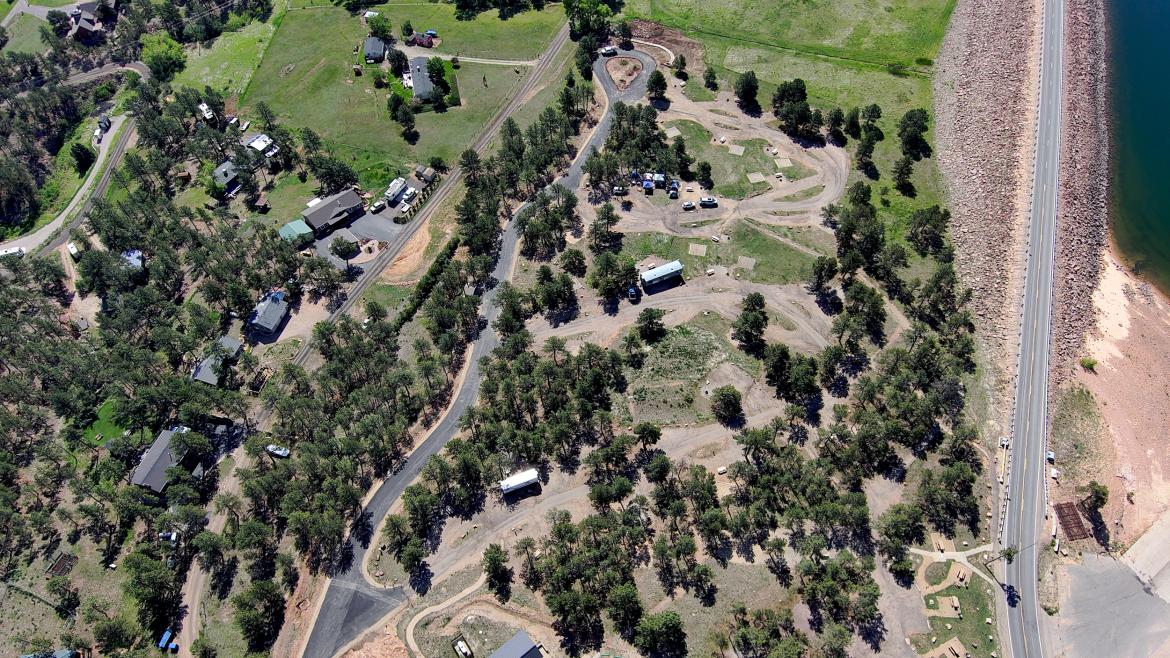 Aerial view of Eagle Campground at Carter Lake, Loveland, CO after FLAP construction