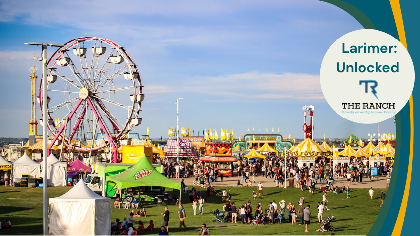 Larimer: Unlocked – The Ranch banner featuring a colorful fair scene with a large Ferris wheel, carnival rides, tents, and crowds under a blue sky. The Larimer: Unlocked and The Ranch logos appear on the right.