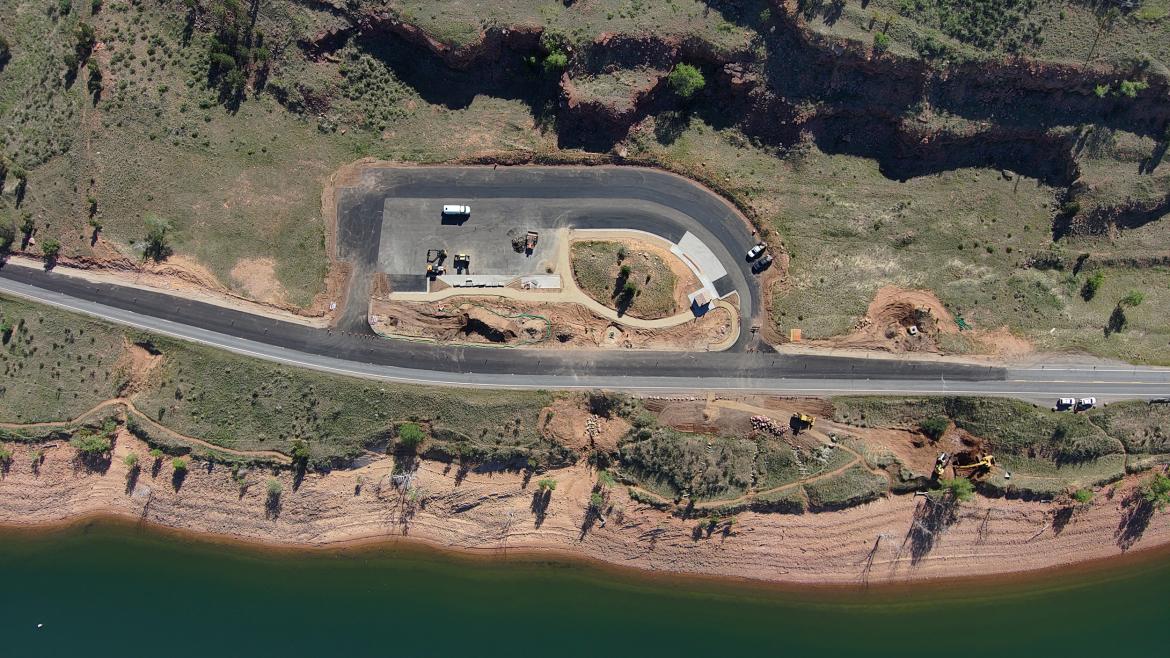 Aerial view of Quarry parking area at Carter Lake, Loveland, CO after FLAP construction