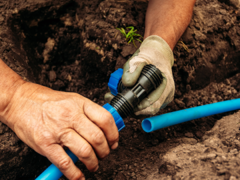 Hands installing an irrigation system