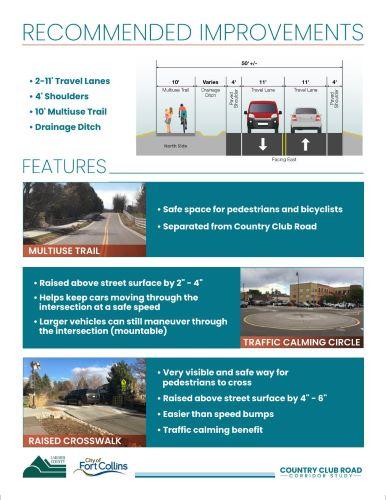 Open House Presentation Board: Recommended Improvements. The cross-section design includes 2 travel lanes, each 11' wide, 4' paved shoulders, a drainage ditch, and a 10' multiuse trail. The image shows the multiuse trail providing a safe space for pedestrians and cyclists, separated from Country Club Road. Another image depicts a traffic calming circle, raised 2-4" above the street surface, designed to help keep vehicles moving safely through the intersection. Larger vehicles can still maneuver through the 