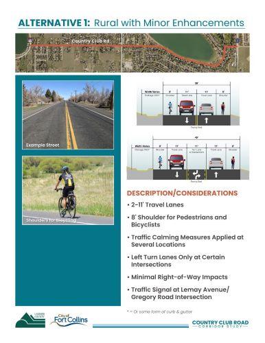 Presentation board for the 05/05/2022 open house showcasing Alternative 1 for Country Club Road project. The concept illustrates a rural road with minor enhancements. The highlight section of the road involved in the project is shown, along with images of a potential road design featuring shoulders for pedestrians and cyclists. Additional cross-sections show 11' travel lanes with 8' paved shoulders, as well as an option for 11' travel lanes, an 11' center turn lane, and 8' paved shoulders at certain interse