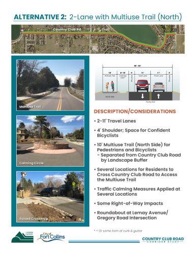 Presentation board for the 05/05/2022 open house showcasing Alternative 2 for a 2-lane road with a multiuse trail (north). The board highlights the section of Country Club Road involved in the project. Included are images of a multiuse trail, a calming circle, and a raised crosswalk. A cross-section diagram shows the road with 2 11' travel lanes, 4' paved shoulders, and a 10' multiuse trail.