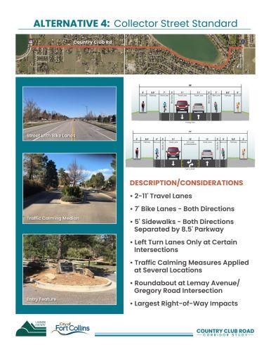 Presentation board for the 05/05/2022 open house, illustrating the proposed layout for Collector Street Standard Alt 4. The images depict a street with bike lanes, a traffic-calming median, and an entry feature. One cross-section diagram shows two 11-foot travel lanes, a 3-foot bike buffer, 7-foot bike lanes, an 8.5-foot parkway, and a 5-foot sidewalk. Another cross-section highlights two 11-foot travel lanes, a 12-foot center turn lane, a 3-foot bike buffer, 5-foot bike lanes, an 8.5-foot parkway, and a 5-