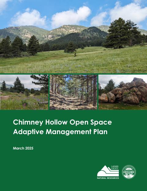 The cover of the Chimney Hollow Open Space Adaptive Management Plan shows several images of the foothills, trees and boulders in the Chimney Hollow area. 