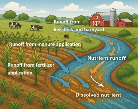 Infographic illustrating how runoff from livestock areas, barnyards, and fields treated with manure or fertilizer can flow into nearby waterways, contributing to water pollution.