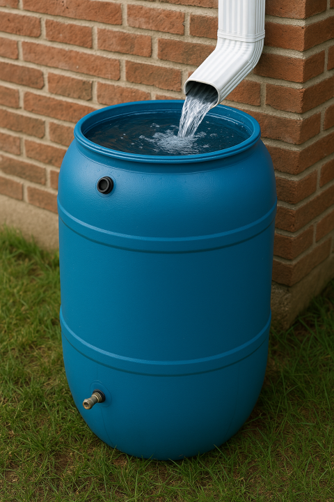 A blue rain barrel placed against a brick building, with a white downspout pouring water into it, surrounded by green grass.