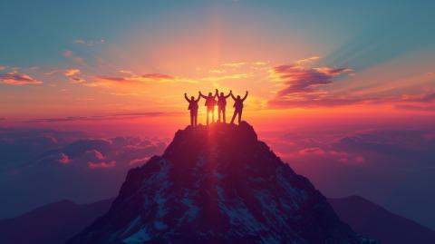 Team of people on mountain top at sunset holding up their arms