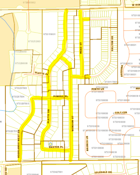 Map of Larimer County maintained streets in Springfield subdivision.