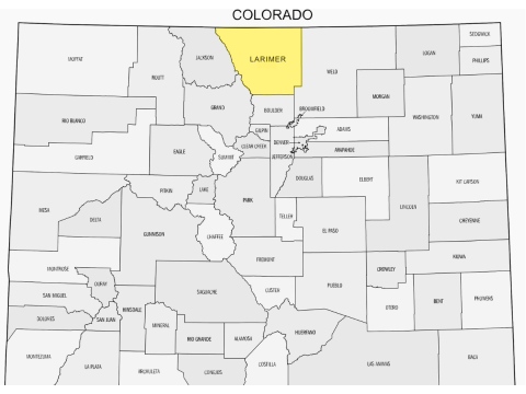 Map of the State of Colorado with Larimer County highlighted in yellow