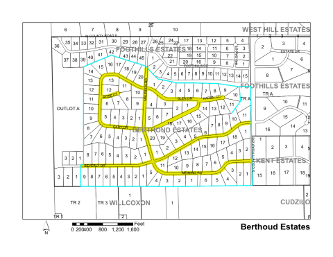 Map of Larimer County maintained streets in Berthoud Estates subdivision.