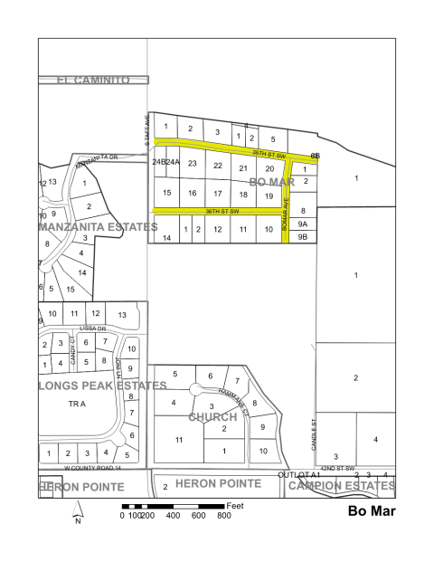 Map of Larimer County maintained streets in Bo Mar subdivision.