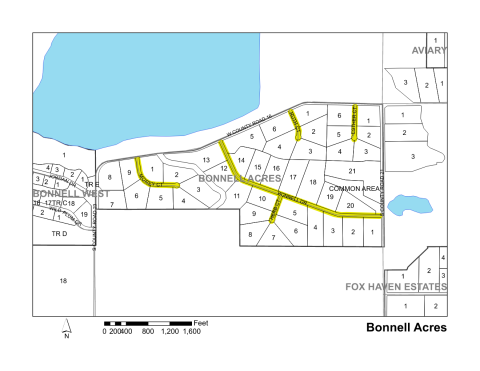Map of Larimer County maintained streets in Bonnell Acres subdivision.