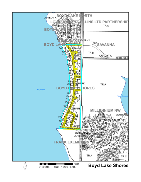 Map of Larimer County maintained streets in Boyd Lake Shores subdivision.