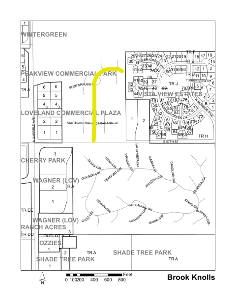 Map of Larimer County maintained streets in Brook Knolls COOP Community Mobile Home Park