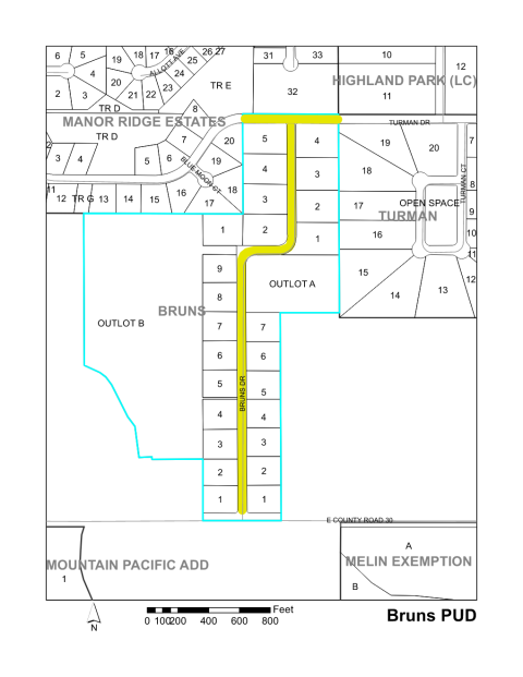 Map of Larimer County maintained streets in Bruns subdivision.