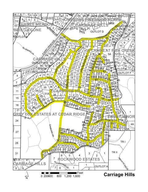 Map of Larimer County maintained streets in Carriage Hills subdivision.