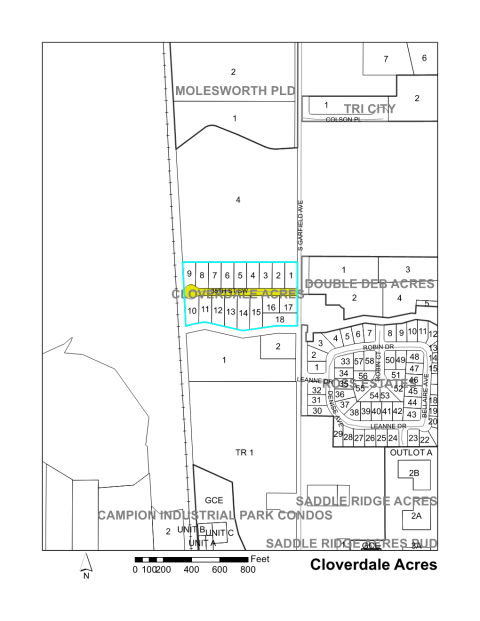 Map of Larimer County maintained streets in Cloverdale Acres subdivision.
