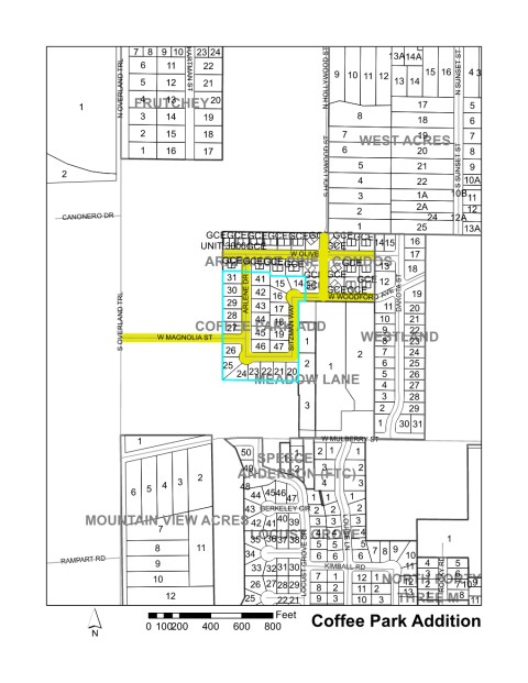 Map of Larimer County maintained streets in Coffee Park subdivision.