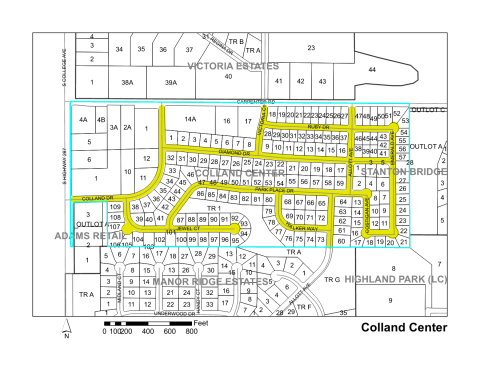 Map of Larimer County maintained streets in Colland Center subdivision.